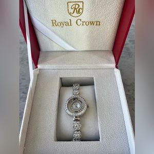 Royal Crown Quartz Watch Sterling Silver 5308 Rhinestones Mother Of Pearl Face
